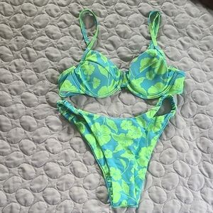 Floral Green and Blue Bikini Set